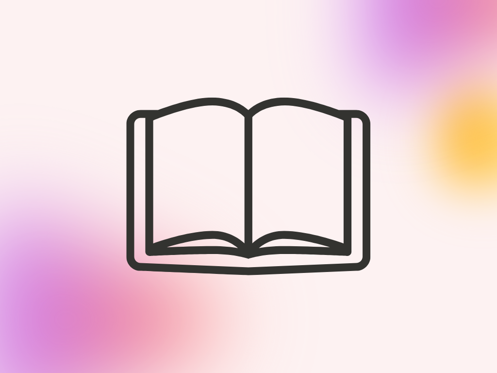 Bunte grafik mit Pinken und orangenen Blobs im Hintergrund, Buch-Icon im Vordergrund