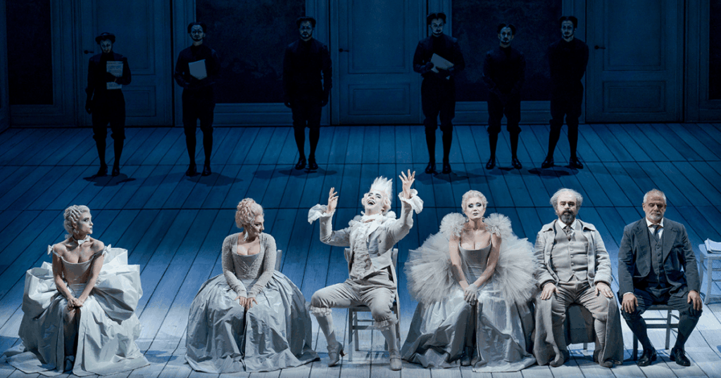 Serena Gamberoni (Porporina), Andrea Carroll (Smorfiosa), Josh Lovell (Ritornello), Julie Fuchs (Stonatrilla), Roberto de Candia (Delirio), Pietro Spagnoli (Fallito), Tänzer (c) Werner Kmetitsch